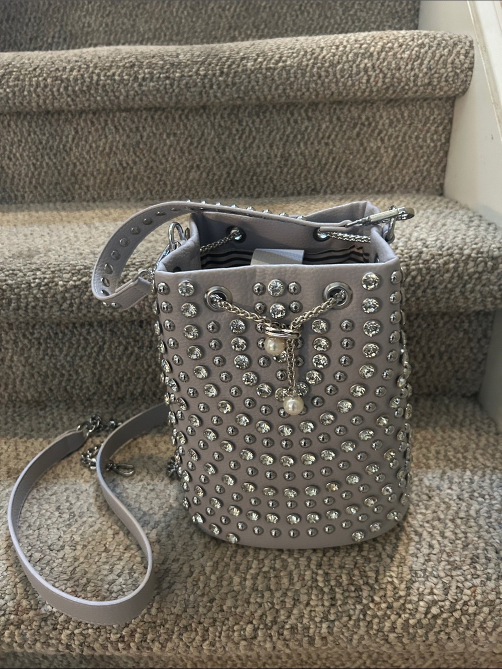 Studded Bucket Crossbody Bag in Light Gray